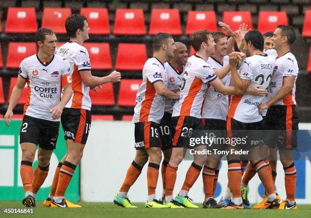 Brisbane Roar celebrate a goal during the round six A-League match between the Newcastle Jets and Brisbane Roar at Hunter Stadium on November 17,...