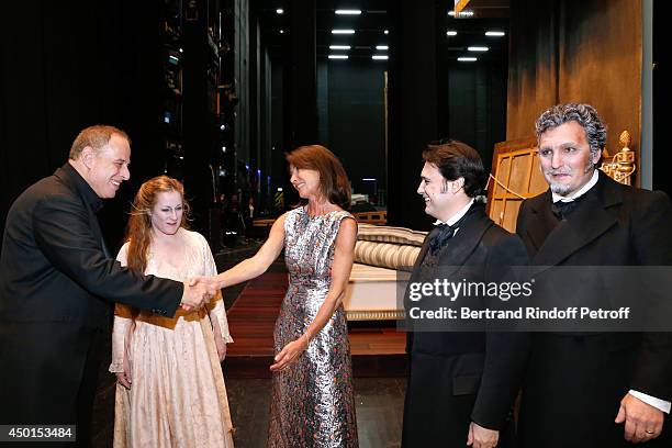 Musical Director Daniel Oren, soprano Diana Damrau, Chair of the Honorary Committee of the Gala Valerie Breton, tenor Francesco Demuro and tenor...