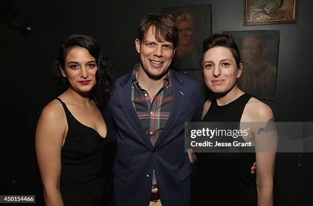 Actress Jenny Slate, actor Jake Lacy and director Gillian Robespierre attend the Screening of A24's "Obvious Child" after party at Wood & Vine on...