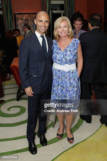 Simeone Scaramozzino and Sharon Bush attend a reception at Ghislaine Maxwell’s residence after "StarTalk Live! Water World" Panel Discussion on June...