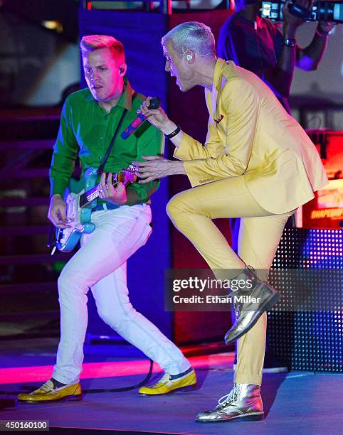 Guitarist Chris Allen and frontman Tyler Glenn of Neon Trees perform at The Boulevard Pool at the Cosmopolitan of Las Vegas as the band tours in...