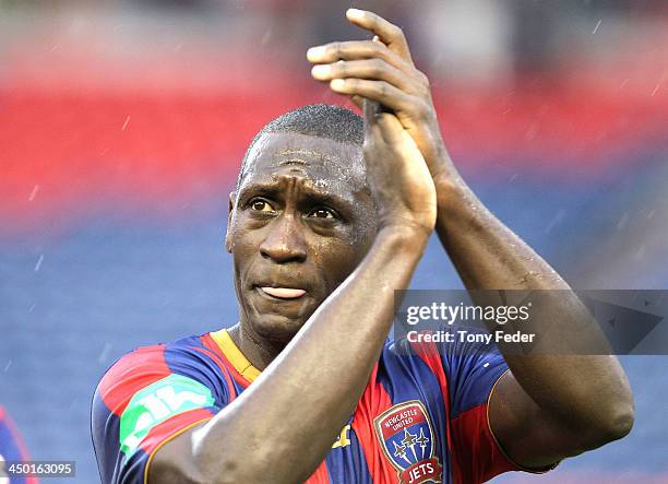 Emile Heskey of the Jets celebrates the win during the round six A-League match between the Newcastle Jets and Brisbane Roar at Hunter Stadium on...