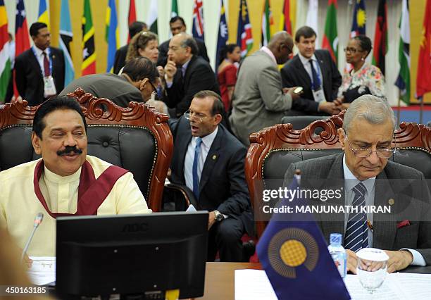 Sri Lankan President and Mahinda Rajapakse , Australian prime minister Tony Abbott and Secretary General of the Commonwealth of Nations, Kamalesh...