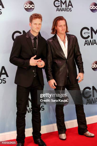 Brian Kelley and Tyler Hubbard of Florida Georgia Line attend the 47th annual CMA Awards at the Bridgestone Arena on November 6, 2013 in Nashville,...