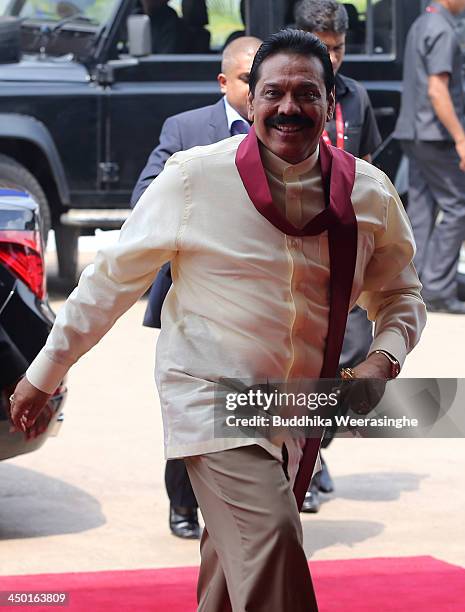 Sri Lankan President Mhainda Rajapaksa arrives to Heads of State session on the final day of the Commonwealth Heads of Government Meeting on November...