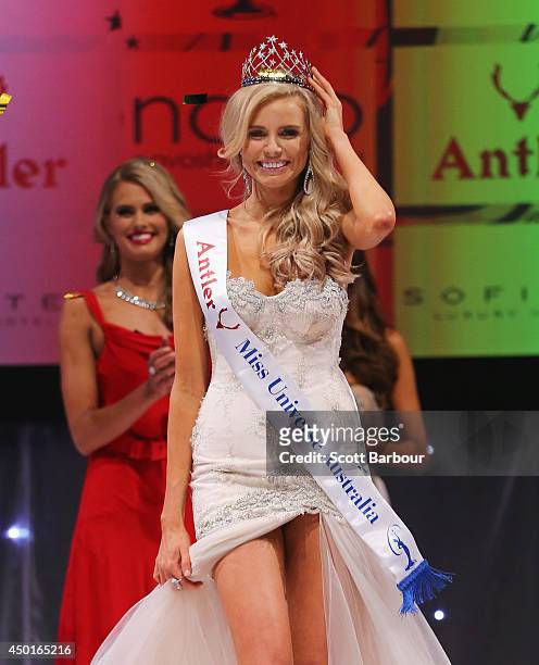 Tegan Martin of Newcastle, New South Wales reacts after being crowned Miss Universe Australia 2014 on June 6, 2014 in Melbourne, Australia.