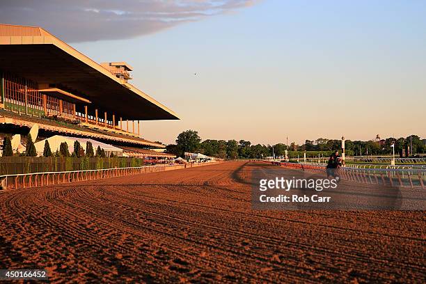 Horses train on the track at Belmont Park on June 6, 2014 in Elmont, New York. The the 146th running of the Belmont Stakes is Saturday.