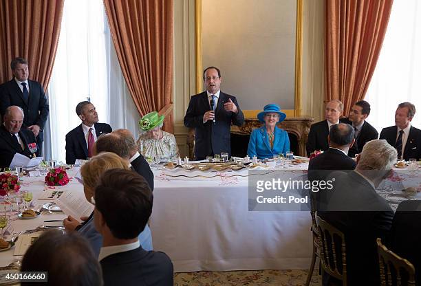 King Harald V of Norway, US President Barack Obama, Queen Elizabeth II, French President Francois Hollande, Queen Margrethe II of Denmark and Russian...
