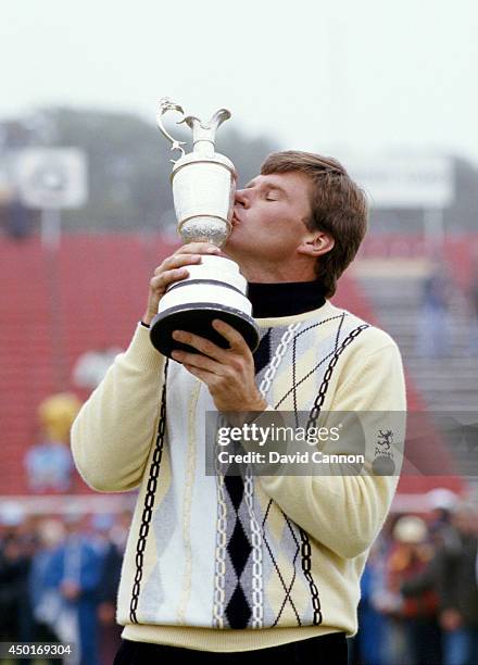 Nick Faldo of England with The Claret Jug the Open Championship trophy after his win by one shot over Paul Azinger and Rodger Davis the 116th Open...