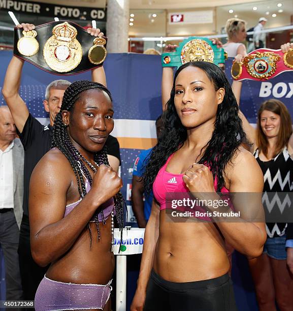 Jessica Balogun of Germany and Cecilia Braekhus of Norway pose after the official weigh in for their WBA WBC WBO female welterweight championship...
