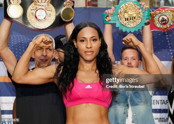 Cecilia Braekhus of Norway poses during the official weigh in for her WBA WBC WBO female welterweight championship title fight against Jessica...