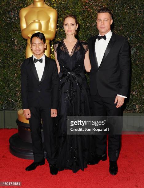 Actress Angelina Jolie, actor Brad Pitt and son Maddox Jolie-Pitt arrive at The Board Of Governors Of The Academy Of Motion Picture Arts And...
