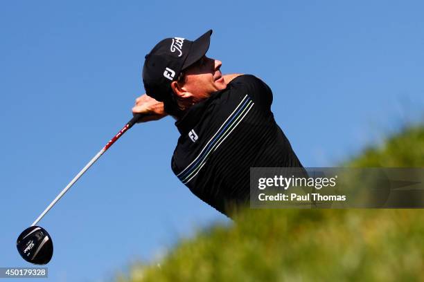 Brett Rumford of Australia tees off during the Lyoness Open day two at the Diamond Country Club on June 6, 2014 in Atzenbrugg, Austria.