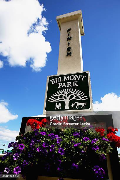 Sign is seen at Belmont Park on June 6, 2014 in Elmont, New York. On Saturday, June 7, California Chrome will attempt to win the triple crown with a...