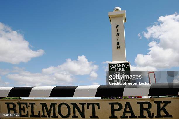 Sign is seen at Belmont Park on June 6, 2014 in Elmont, New York. On Saturday, June 7, California Chrome will attempt to win the triple crown with a...