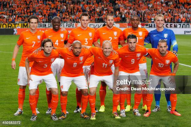 The Netherlands team line up for the International Friendly match between The Netherlands and Wales at Amsterdam Arena on June 4, 2014 in Amsterdam,...