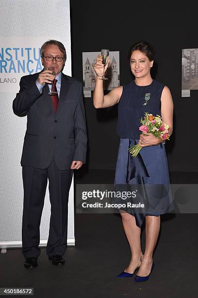 Giovanna Mezzogiorno and Joel Meyer attend the Chevalier Des Arts Et Des Lettres Award ceremony on June 6, 2014 in Milan, Italy.