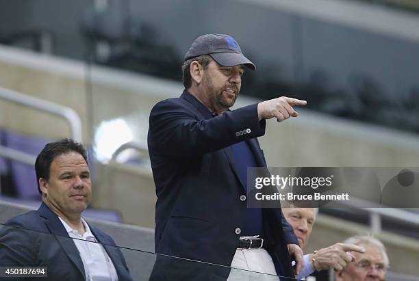 Exceutive Chairman James Dolan of the New York Rangers watches a practice session on an off day during the 2014 NHL Stanley Cup playoffs at Staples...