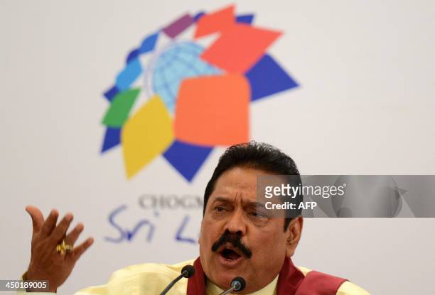 Sri Lankan President Mahindra Rajapaksa speaks to journalists during a press conference at Bandaranaike Memorial International Conference Hall in...