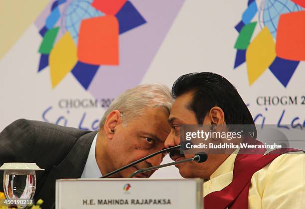 Commonwealth Secretary General Kamalesh Sharma and Sri Lankan President Mahinda Rajapaksa during the press conferance on the final day of the...
