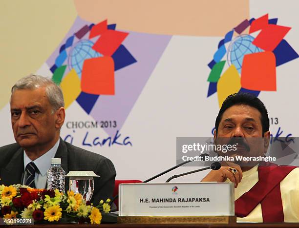 Commonwealth Secretary General Kamalesh Sharma and Sri Lankan President Mahinda Rajapaksa looks during the press conferance on the final day of the...