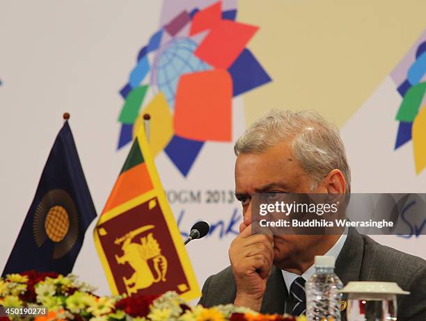 Commonwealth Secretary General Kamalesh Sharma reacts during the press conferance on the final day of the Commonwealth Heads of Government Meeting on...