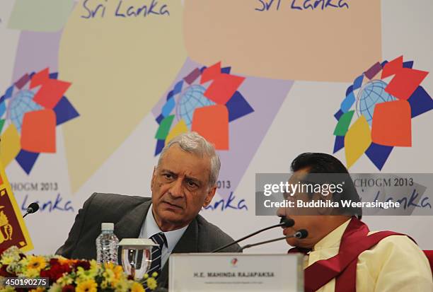 Commonwealth Secretary General Kamalesh Sharma and Sri Lankan President Mahinda Rajapaksa talk during the press conferance on the final day of the...