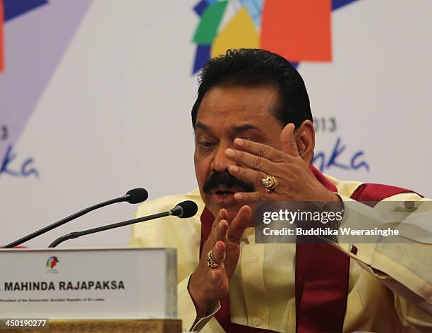 Sri Lankan President Mahinda Rajapaksa speaks to journalists as during the press conferance on the final day of the Commonwealth Heads of Government...