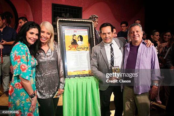 Actresses Raquel Garza and Carla Estrada and actors Juan Jose Origel and Cesar Bono Celebrate the 100th performance of Mexican play Sexy Laundry at...