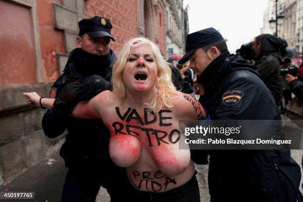 Riot policemen arrest a FEMEN group activist as a Pro-Life demonstration takes place on Alcala Street on November 17, 2013 in Madrid, Spain. The...