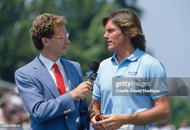 Craig Masback interviews Bruce Jenner during the 1989 Bruce Jenner Bud Light Classic track meet held on May 27, 1989 at San Jose City College in San...