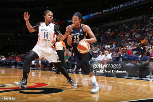 Marissa Coleman of the Indiana Fever drives against Tierra Ruffin-Pratt of the Washington Mystics at the Verizon Center on June 6, 2014 in...
