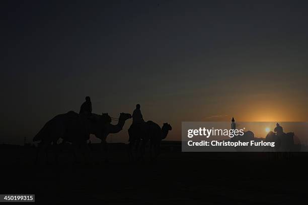 Camel handlers ride past a mosque as they arrive for a sunrise race at Dubai Camel Racing Club during the Al Marmoum camel racing season on November...