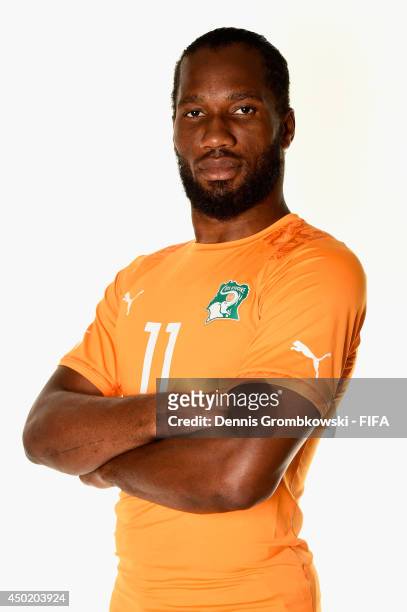 Didier Drogba of Cote d'Ivore during the Official FIFA World Cup 2014 portrait session on June 6, 2014 in Monte Siao, Brazil.
