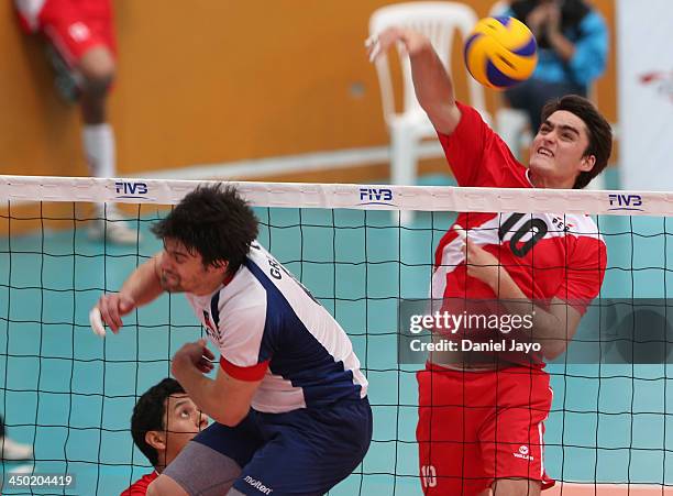 Ignacio Correa of Peru, competes during a match against Chile in Volleyball event as part of the XVII Bolivarian Games Trujillo 2013 at Gran Chimu...