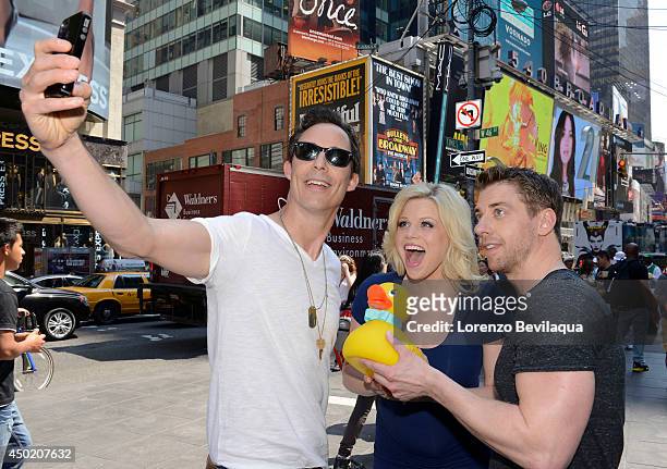Christian Borle, Megan Hilty and Tom Cavanagh who voice the lead characters in "Lucky Duck," the first Disney Junior Original Movie, treated one...