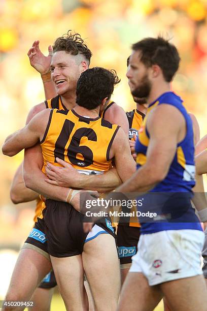 Luke Lowden of the Hawks celebrates a goal with Isaac Smith of the Hawks during the round 12 AFL match between the Hawthorn Hawks and the West Coast...