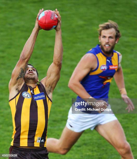Cyril Rioli of the Hawks marks the ball against Will Schofield of the Eagles during the round 12 AFL match between the Hawthorn Hawks and the West...