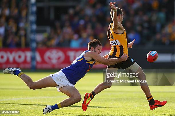 Luke Hodge of the Hawks kicks the ball away from Mitchell Brown of the Eagles during the round 12 AFL match between the Hawthorn Hawks and the West...
