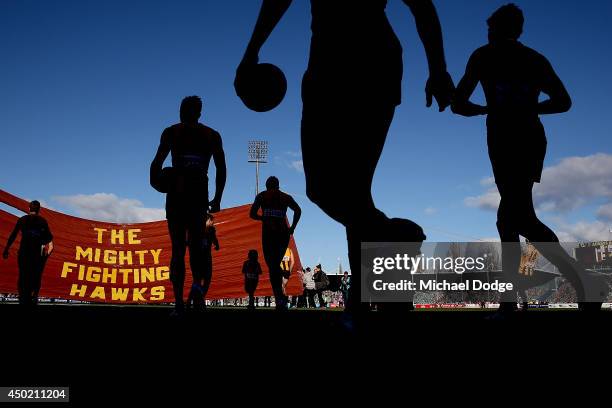 Hawks players walk to the banner during the round 12 AFL match between the Hawthorn Hawks and the West Coast Eagles at Aurora Stadium on June 7, 2014...