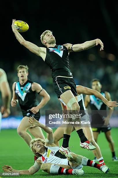 Jackson Trengove of the Power wins the ball during the round 12 AFL match between the Port Adelaide Power and the St Kilda Saints at Adelaide Oval on...