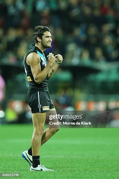 Chad Wingard of the Power celebrates after the the round 12 AFL match between the Port Adelaide Power and the St Kilda Saints at Adelaide Oval on...