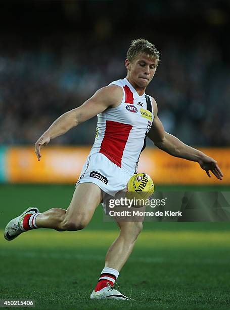 Sebastian Ross of the Saints kicks the ball during the round 12 AFL match between the Port Adelaide Power and the St Kilda Saints at Adelaide Oval on...