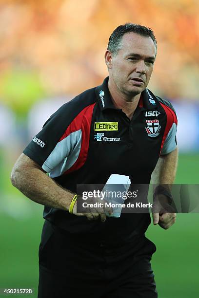 Alan Richardson of the Saints looks on during the round 12 AFL match between the Port Adelaide Power and the St Kilda Saints at Adelaide Oval on June...