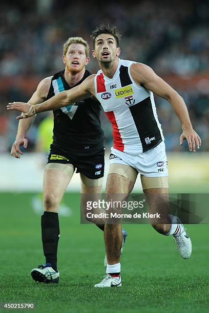 Matthew Lobbe of the Power and Billy Longer of the Saints compete in the ruck during the round 12 AFL match between the Port Adelaide Power and the...