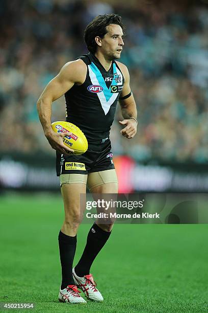 Kane Mitchell of the Power looks on during the round 12 AFL match between the Port Adelaide Power and the St Kilda Saints at Adelaide Oval on June 7,...