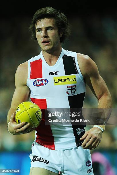 Josh Saunders of the Saints looks on during the round 12 AFL match between the Port Adelaide Power and the St Kilda Saints at Adelaide Oval on June...