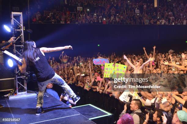 Steve Aoki performs part of his Aokify America Tonight tour at the Bill Graham Civic Auditorium on November 16, 2013 in Oakland, California.
