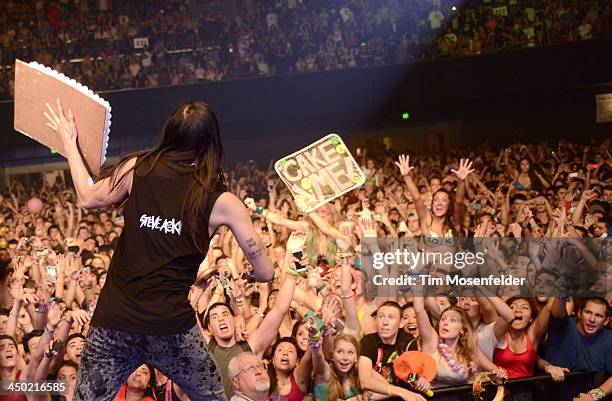 Steve Aoki performs part of his Aokify America Tonight tour at the Bill Graham Civic Auditorium on November 16, 2013 in Oakland, California.