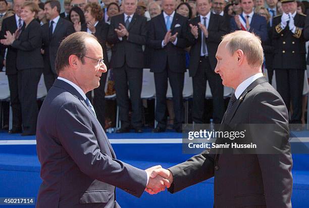 French President Francois Hollande and Russian President Vladimir Putin attend a Ceremony to Commemorate D-Day 70 on Sword Beach during D-Day 70...